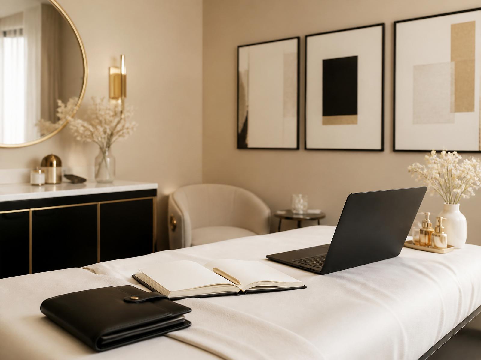Cabina de estética premium con planner de negocio, laptop y detalles dorados sobre camilla blanca